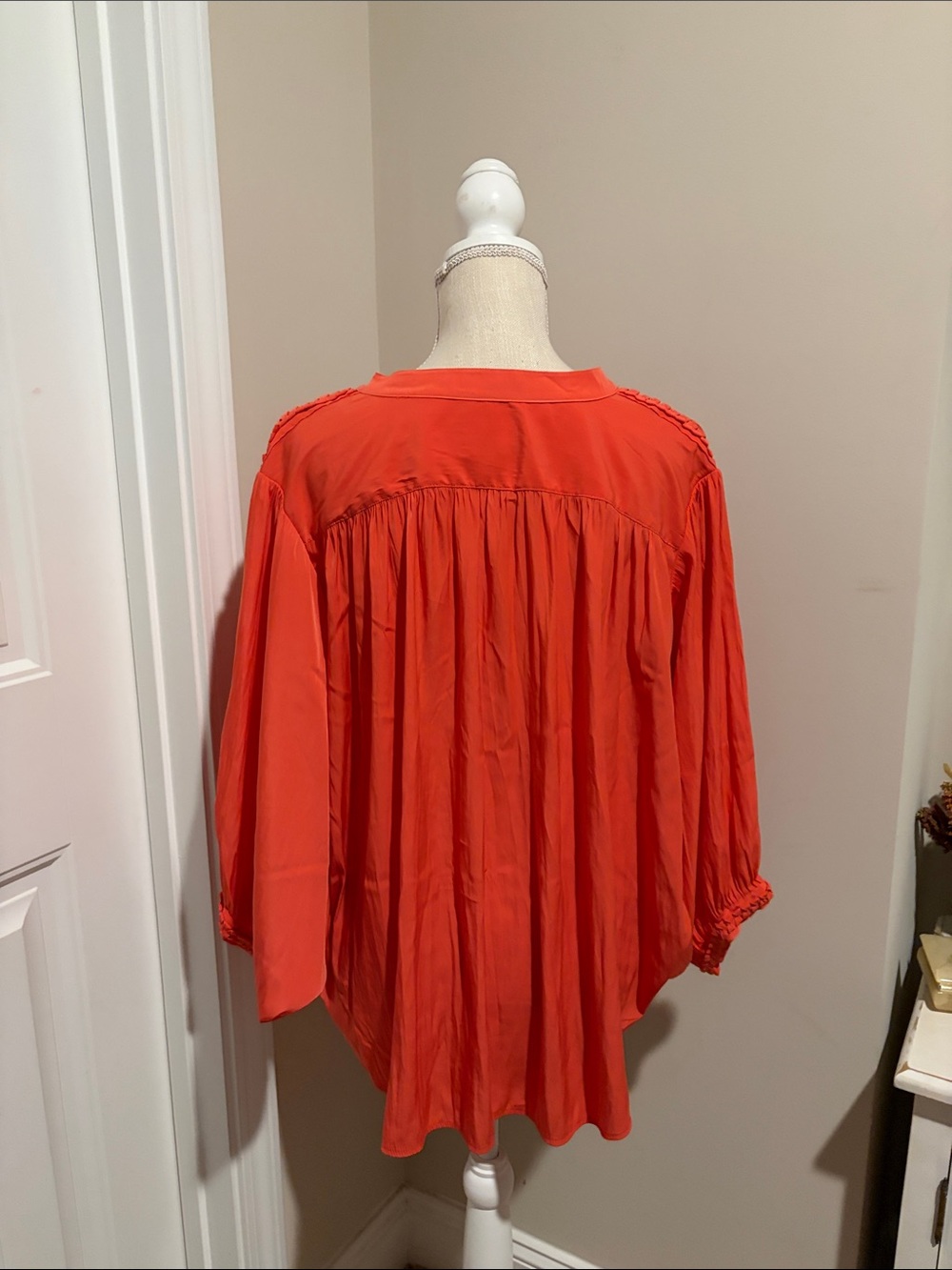 Chico's Bright Orange V-Neck Braided-Trim Blouse - Picture 6 of 9